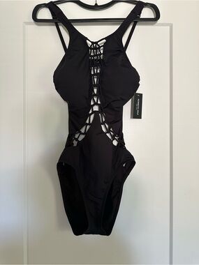 NWT Kenneth Cole Black One-Piece Swimsuit with Lace-Up Front Medium